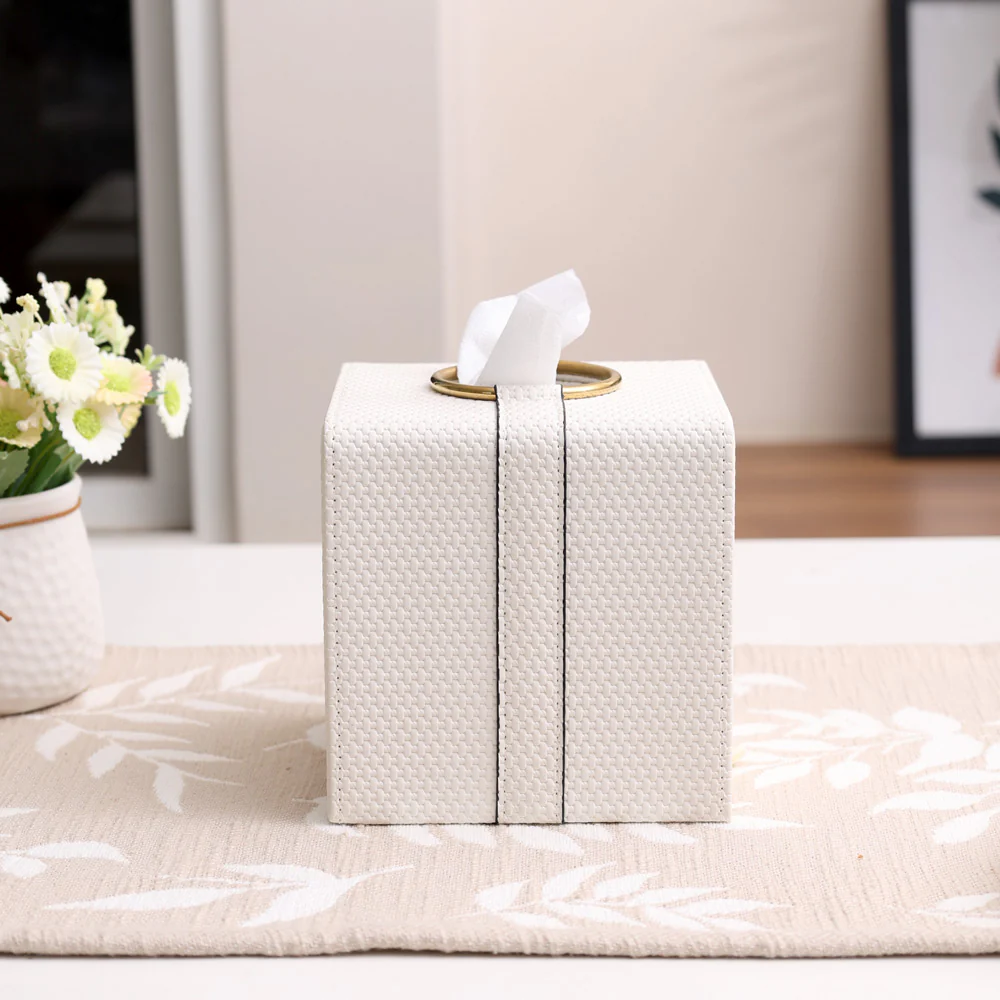 Weave Square Tissue Box Holder - White & Gold - Image 6