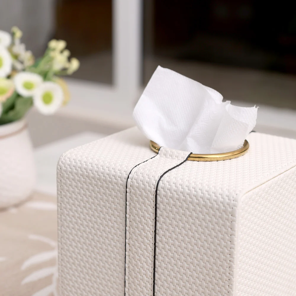 Weave Square Tissue Box Holder - White & Gold - Image 7