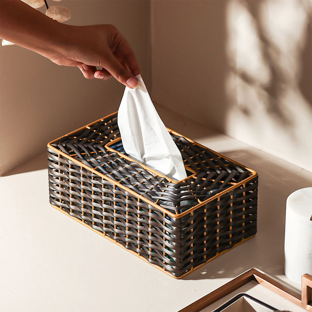 Weave Tissue Box Cover - Brown Gold