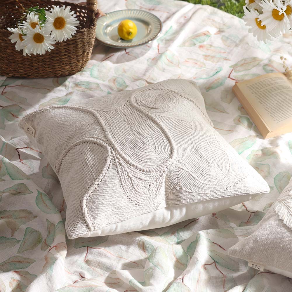 Whirl Embroidered Cotton Cushion Cover 45x45cm - Cream - Image 2