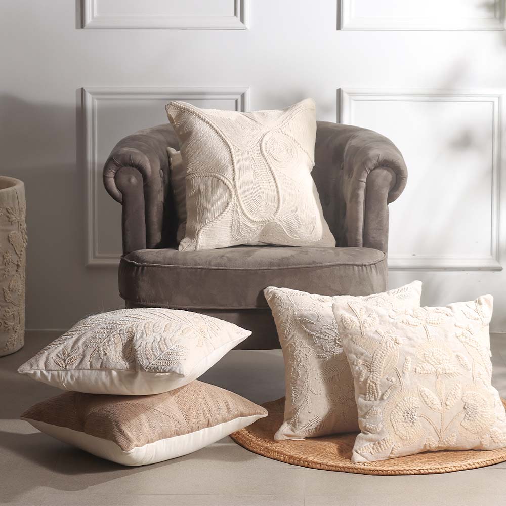 Whirl Embroidered Cotton Cushion Cover 45x45cm - Cream - Image 5