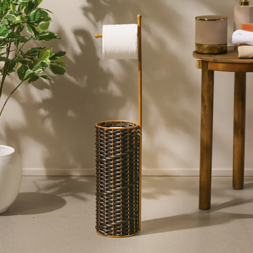 Wicker Toilet Roll Holder with Storage - Brown Gold