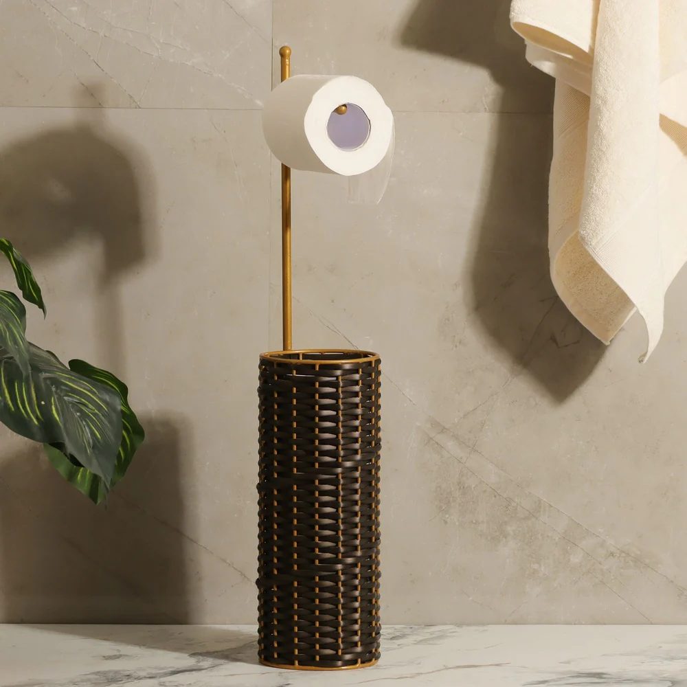 Wicker Toilet Roll Holder with Storage - Brown Gold - Image 2