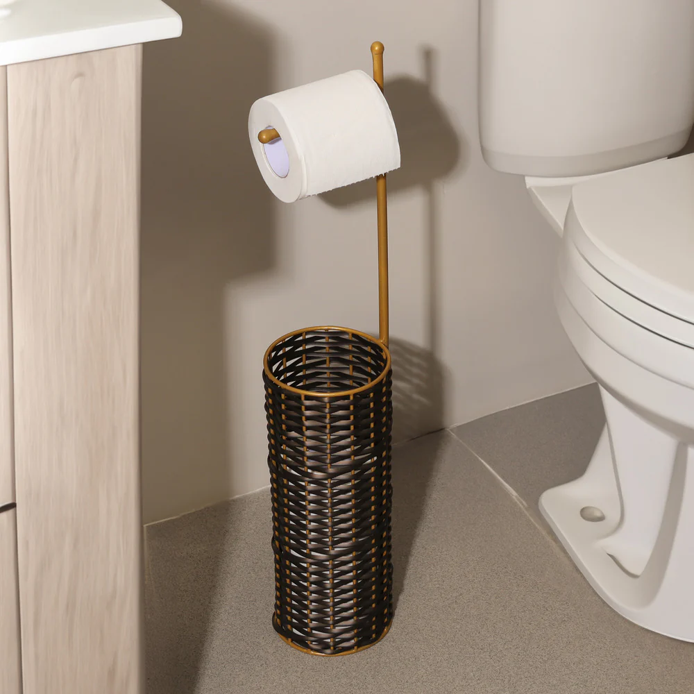 Wicker Toilet Roll Holder with Storage - Brown Gold - Image 4