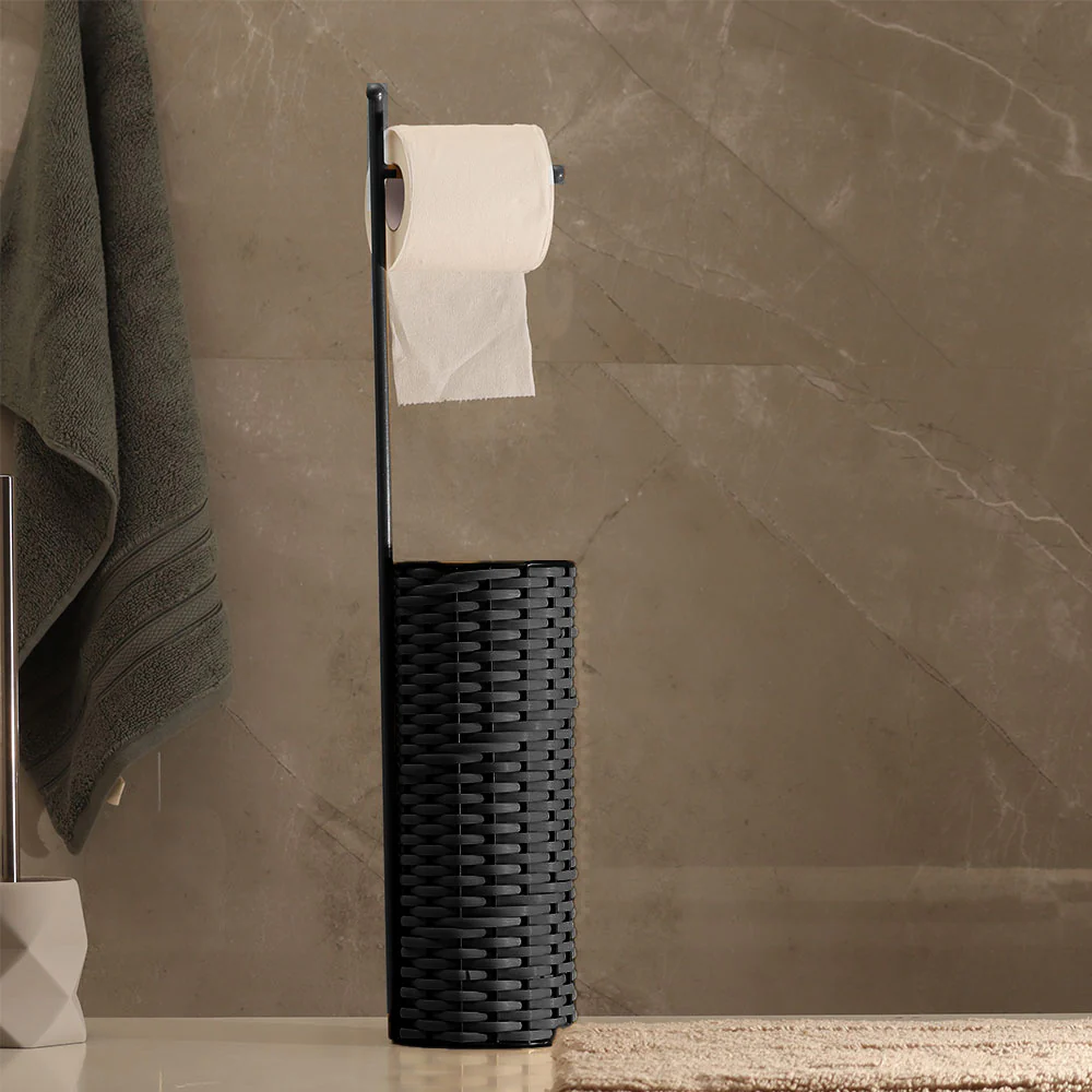 Wicker Toilet Roll Holder with Storage - Charcoal Black - Image 5