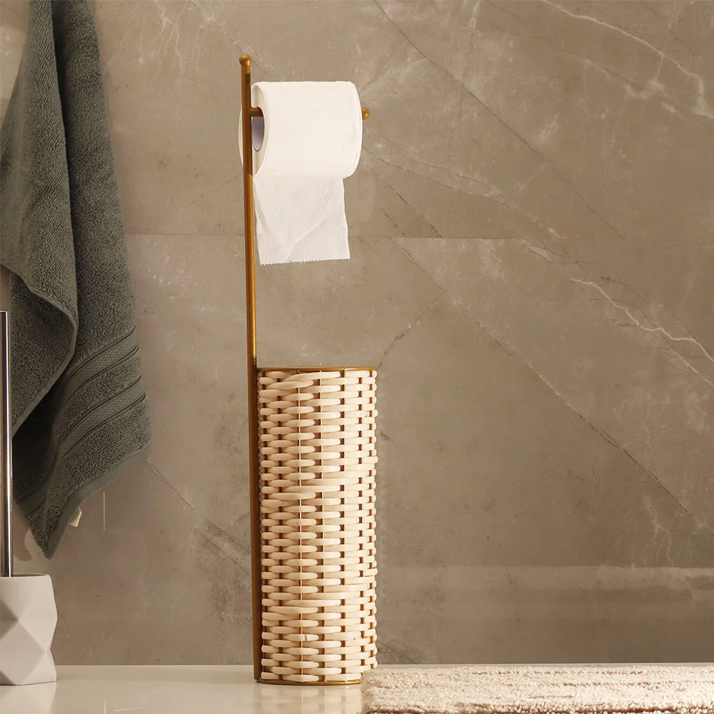 Wicker Toilet Roll Holder with Storage - Cream Gold - Image 3