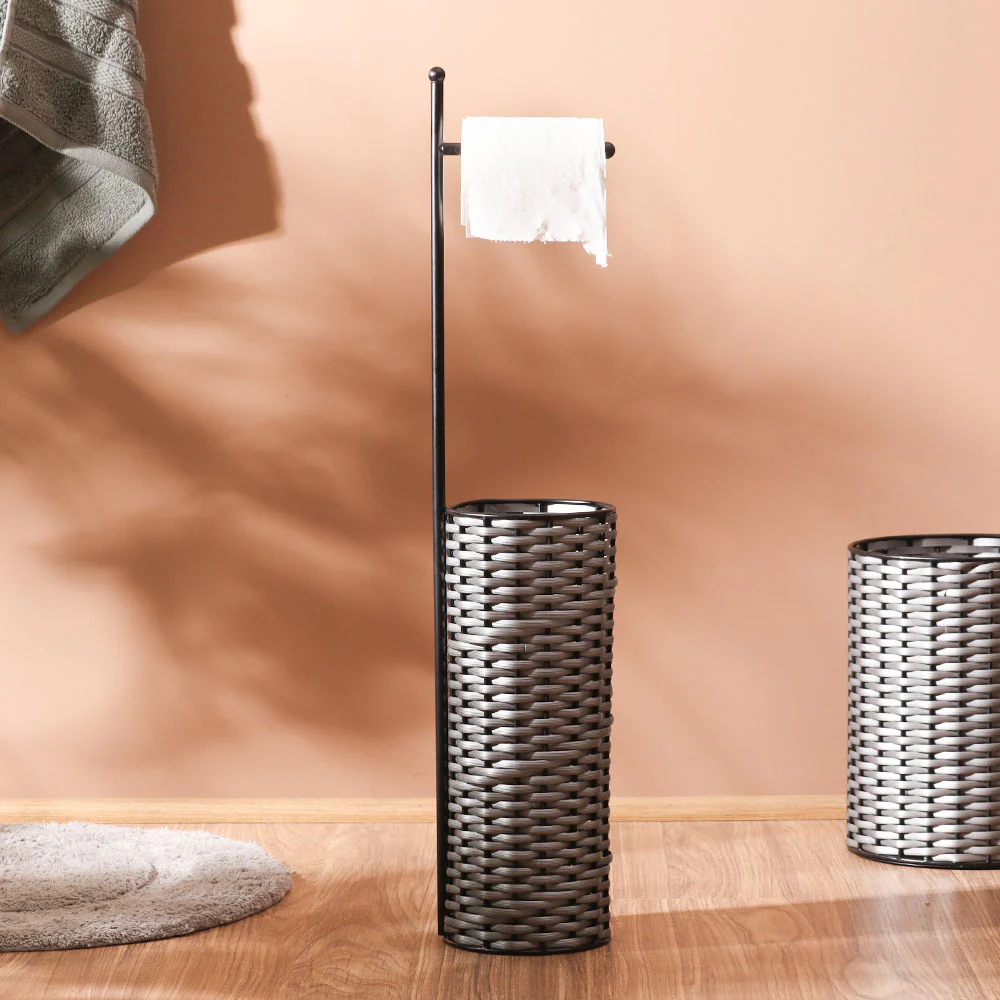 Wicker Toilet Roll Holder with Storage - Grey Black - Image 4