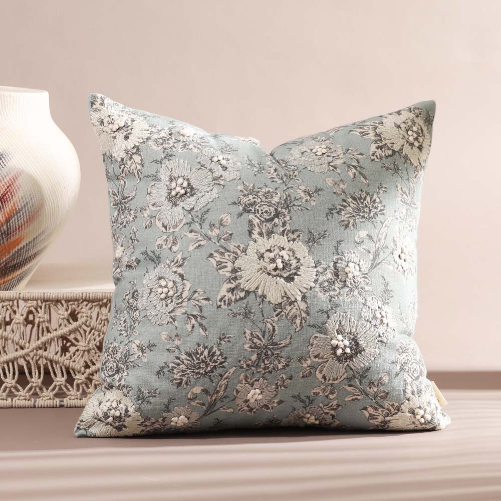 Windflower Printed & Embroidered Cotton Cushion Cover 45x45cm - Grey Blue - Image 2