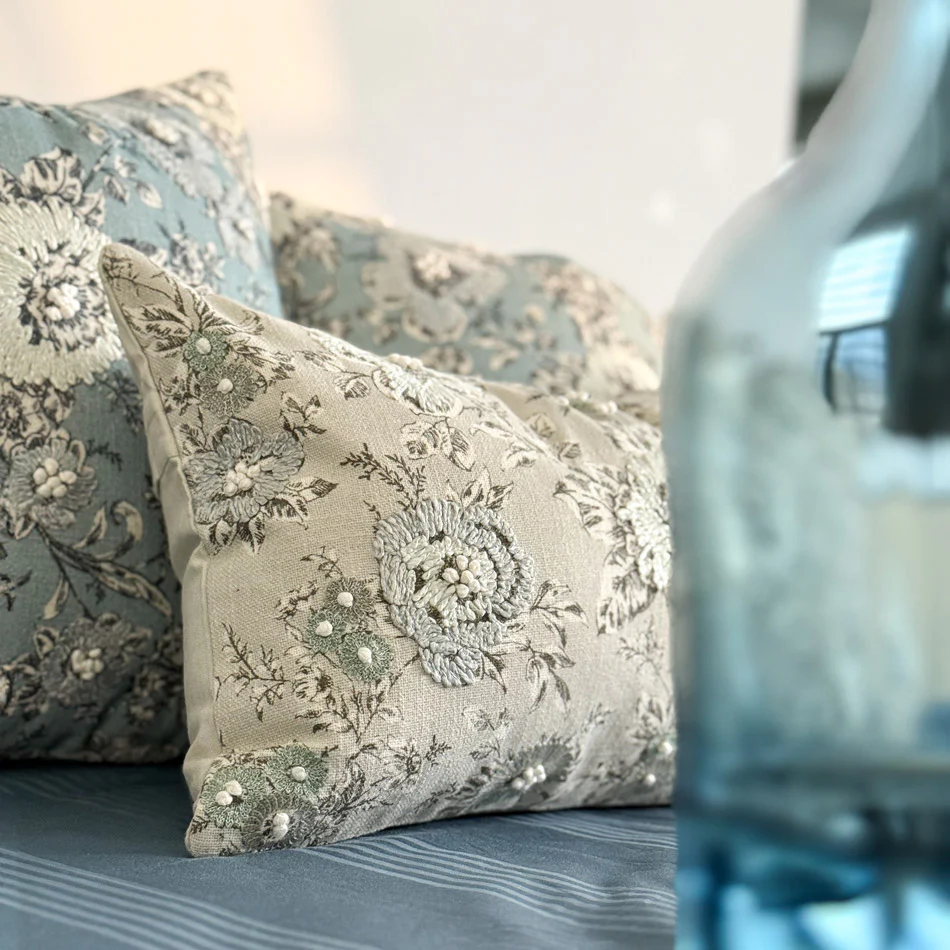 Windflower Printed & Embroidered Cotton Cushion Cover 45x45cm - Grey Blue - Image 6