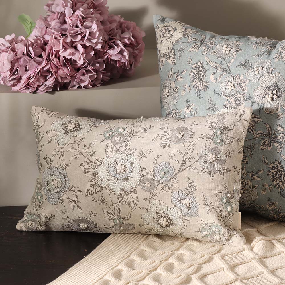 Windflower Rectangular Embroidered & Printed Cotton Cushion Cover 50x30cm - Blue Grey - Image 3