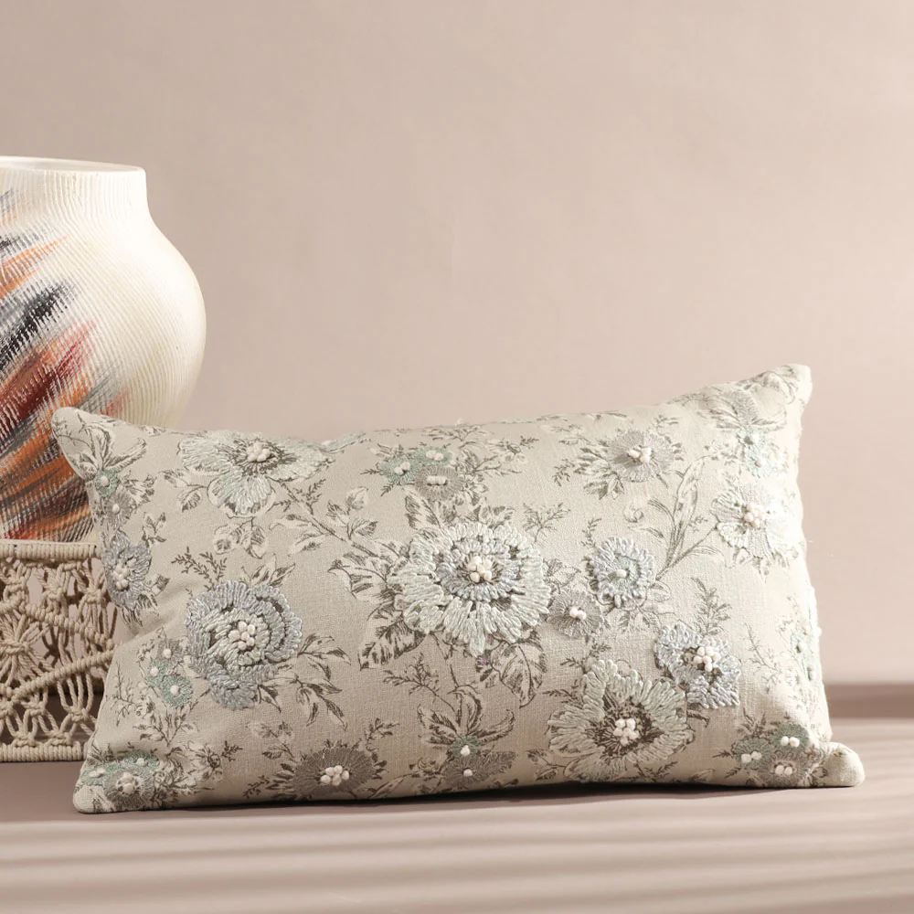 Windflower Rectangular Embroidered & Printed Cotton Cushion Cover 50x30cm - Blue Grey - Image 5