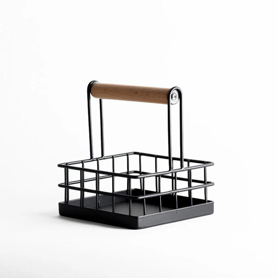 Wire Condiment Caddy with Wooden Handle - Black - Image 3