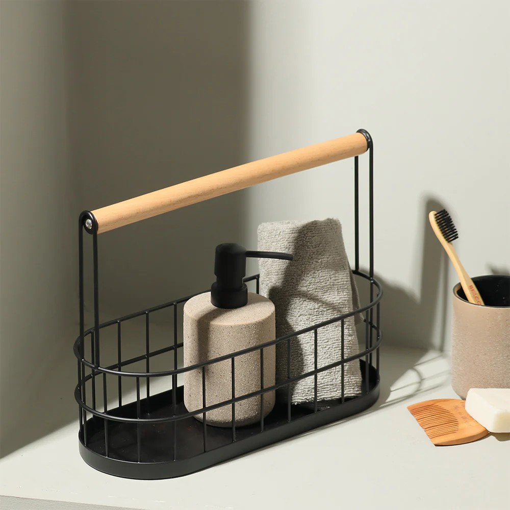 Wire Oval Caddy with Wooden Handle - Black - Image 4