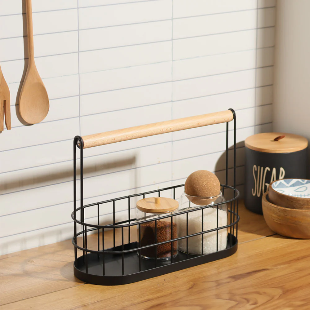 Wire Oval Caddy with Wooden Handle - Black - Image 5