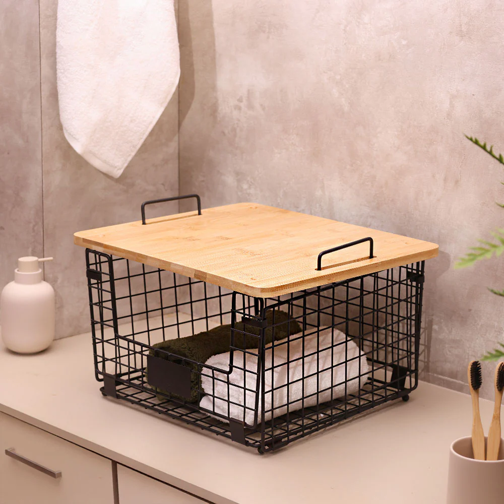 Wire Stackable Storage Bin with Lid - Black Natural - Image 2