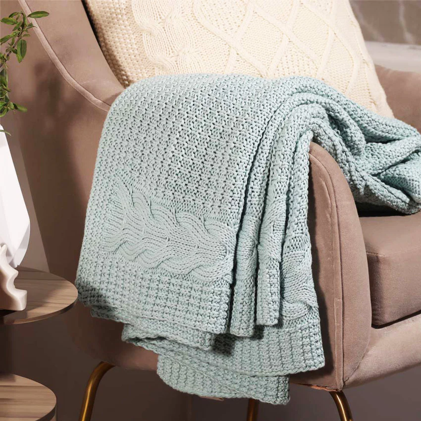 Wishbone Knitted Throw - Light Blue - Image 3