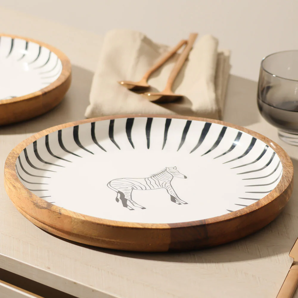 Zebra Wooden Round Serving Plate Medium - White Black - Image 2