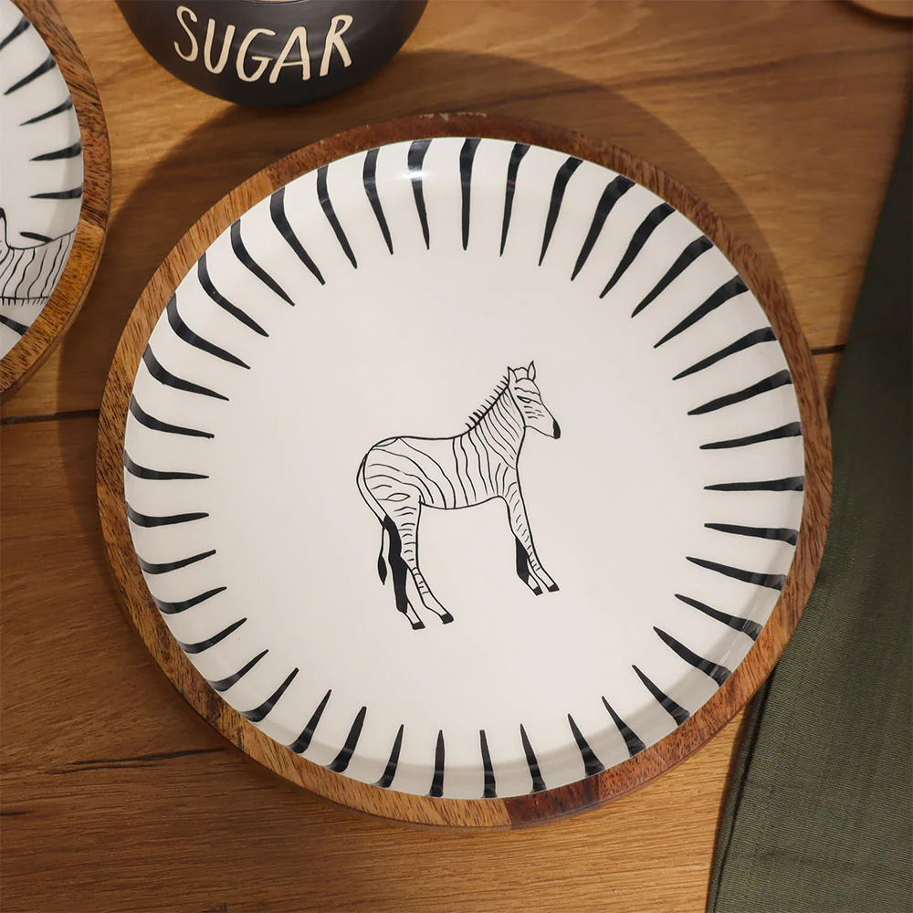 Zebra Wooden Round Serving Plate Medium - White Black - Image 4