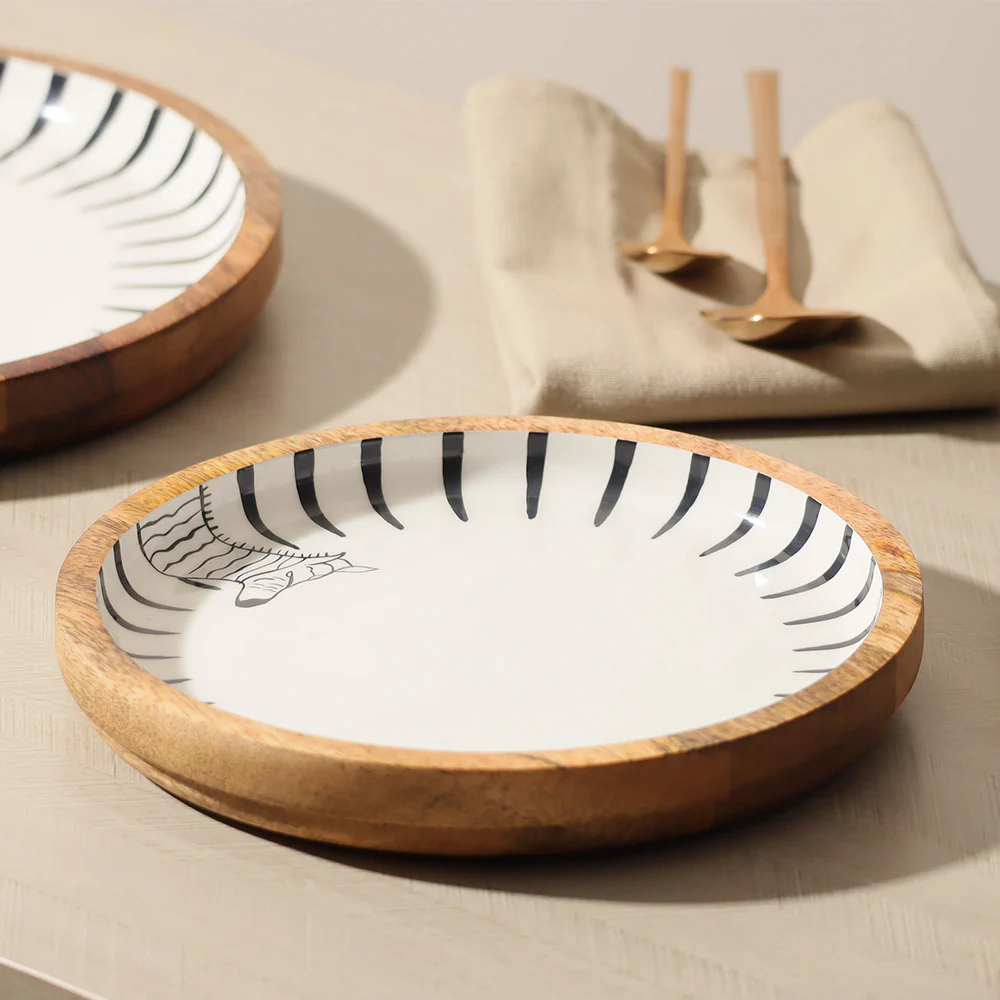 Zebra Wooden Round Serving Plate Small - White Black - Image 4