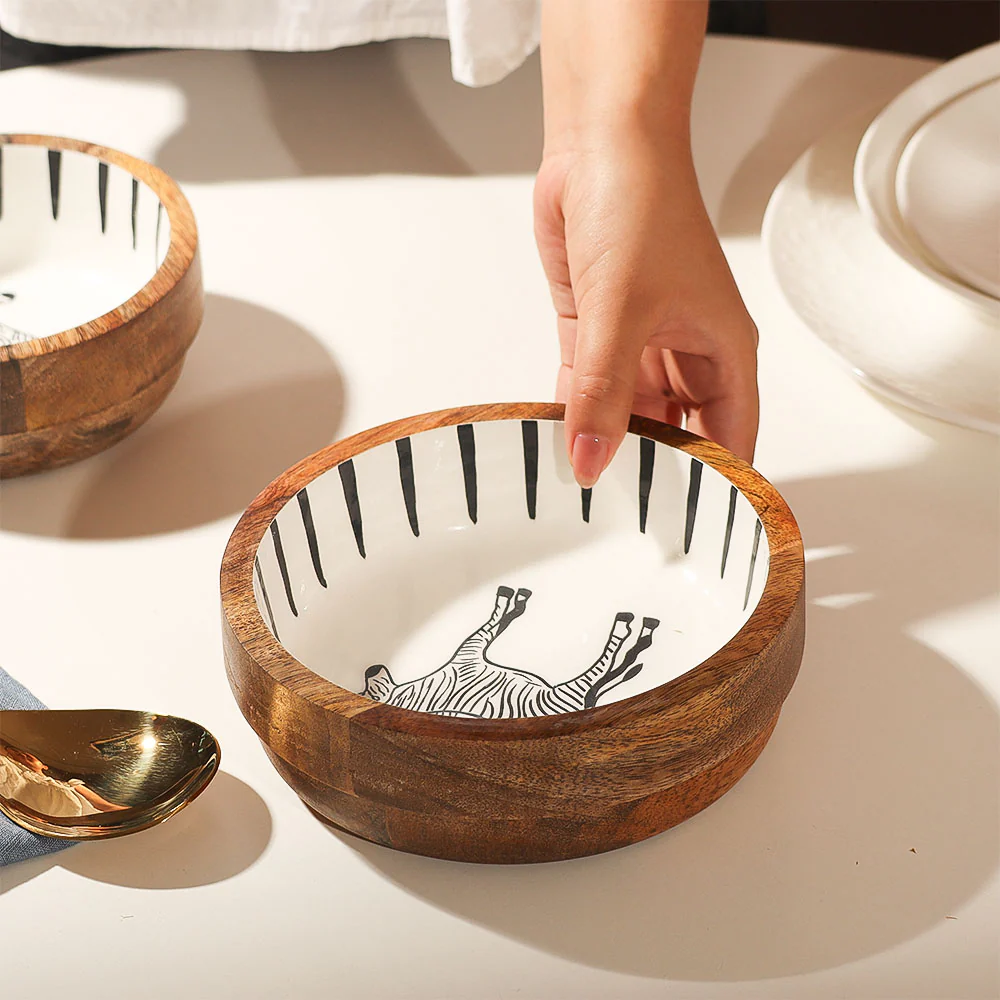 Zebra Wooden Serving Bowl Medium - White Black - Image 2