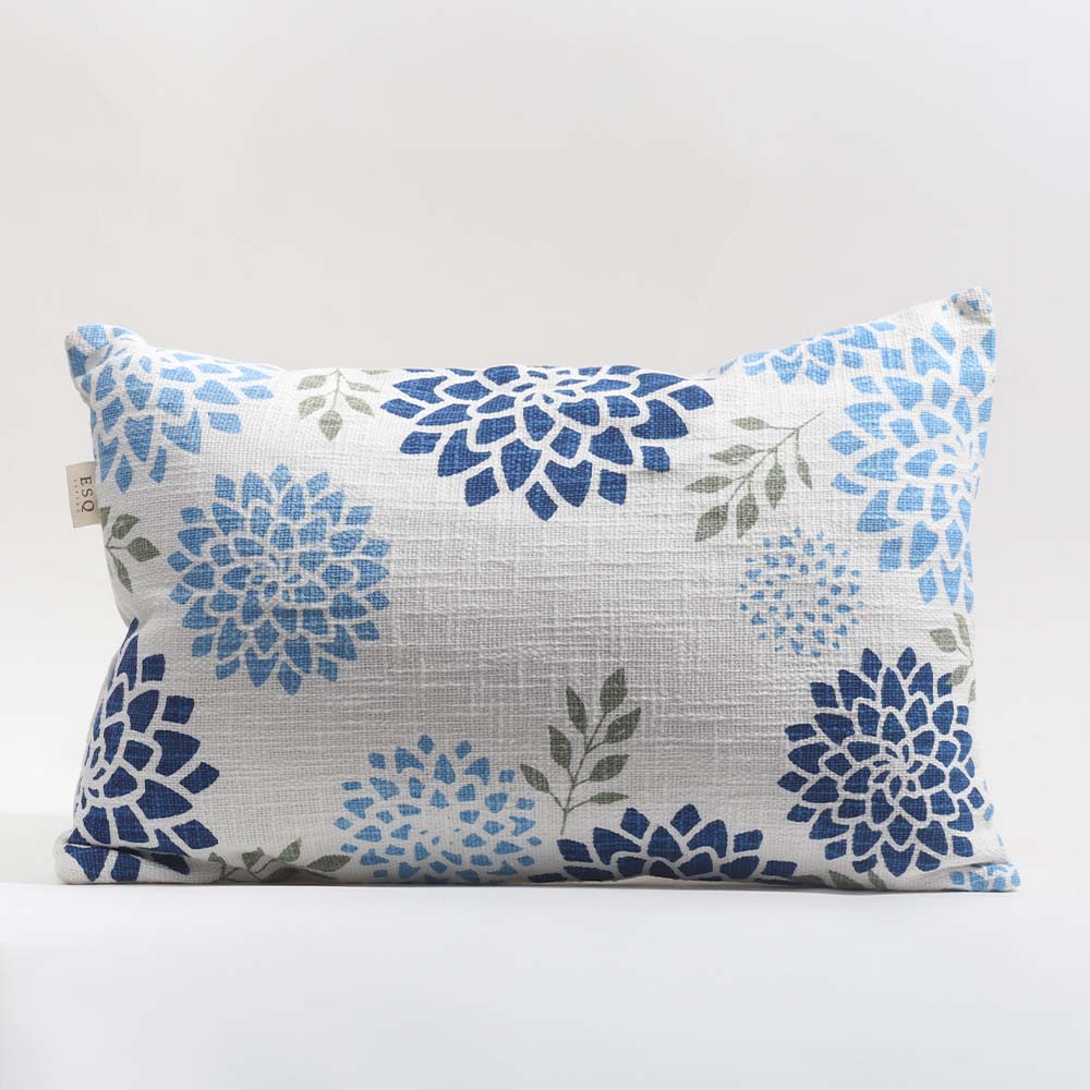 Zinnia Rectangular Printed Cotton Cushion Cover 50x30cm - Blue White - Image 3