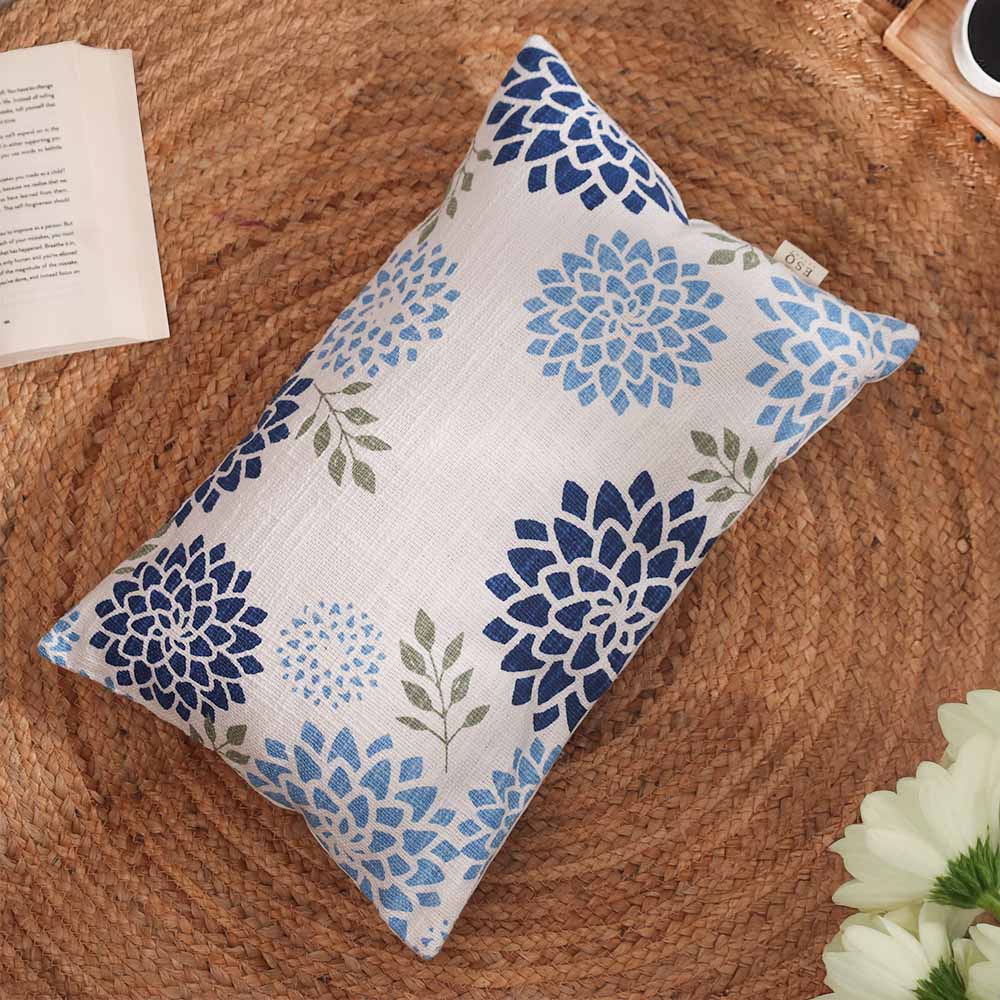 Zinnia Rectangular Printed Cotton Cushion Cover 50x30cm - Blue White - Image 4